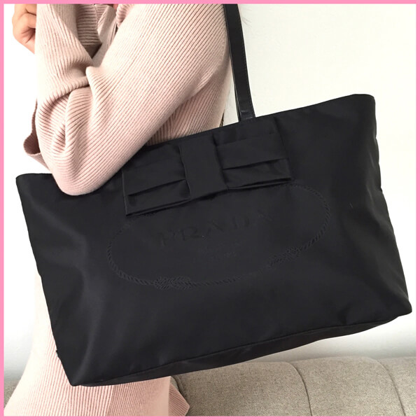 国内即発【PRADA】プラダスーパーコピーおリボンナイロン+レザー/トートバック/NERO IBG028