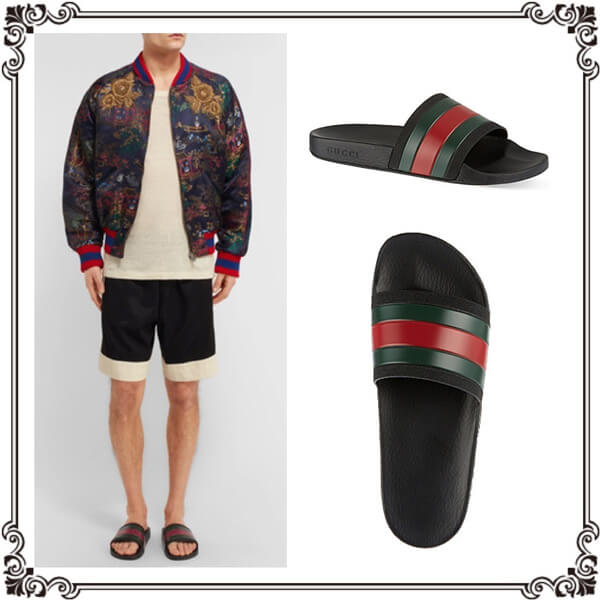 17SS【グッチ】グッチスーパーコピー ストライプ スライドサンダル/Black