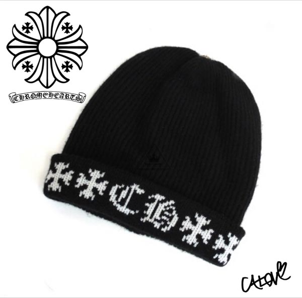 CHROME HEARTS 十クロムハーツ キャップ 偽物十【カシミアニット帽/ブラック&ホワイト】◆◆