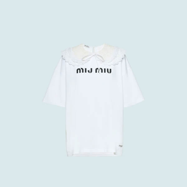 【ミュウミュウ】レディース★アイレット刺繍レースジャージー Tシャツ コピーMJN237_1XE0_F0009