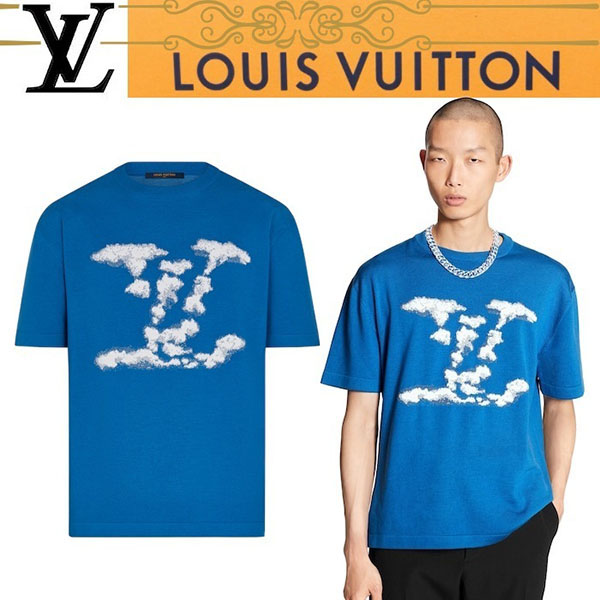 ルイヴィトン クラウドジャカードTシャツ 雲モチーフ 青 ロゴ 偽物1A8A7Y