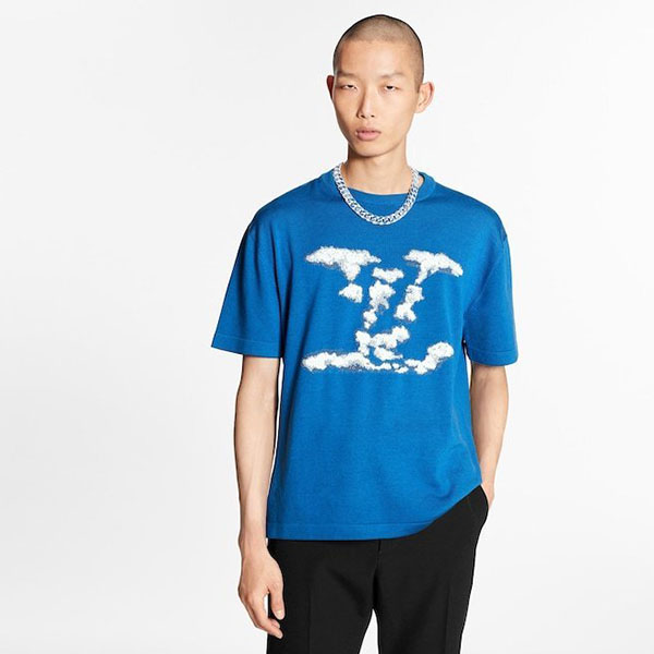 ルイヴィトン クラウドジャカードTシャツ 雲モチーフ 青 ロゴ 偽物1A8A7Y