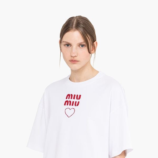 注目度NO.1[ミュウミュウ 偽物]Embroidered cotton jersey Tシャツ MJN477_1U1Q_F0009_S_231