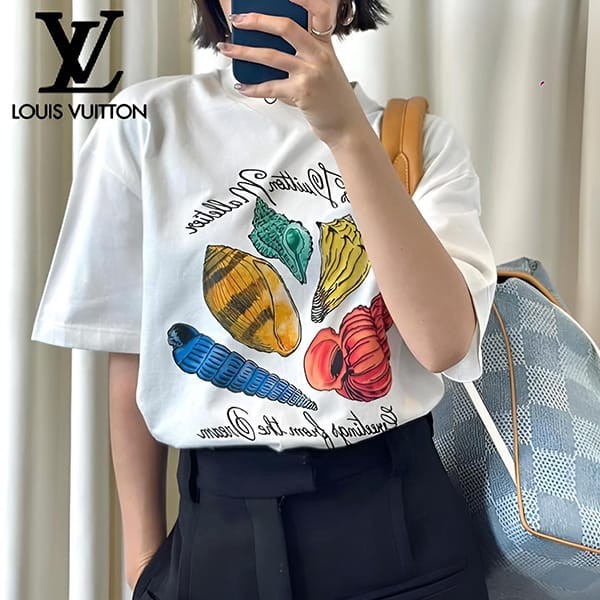 ルイヴィトン プリントショートスリーブコットンTシャツ 偽物 1AFR48