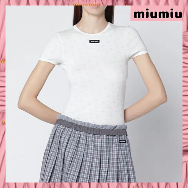 完売前に新作を先取りミュウミュウ リブジャージー Tシャツ ロゴ コットン フェミニン 半袖 MJNA08OOO18ZU