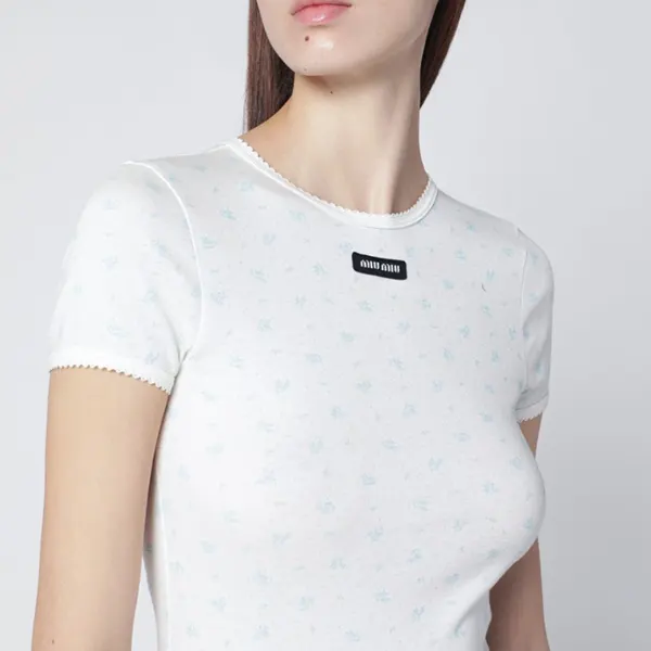 完売前に新作を先取りミュウミュウ リブジャージー Tシャツ ロゴ コットン フェミニン 半袖 MJNA08OOO18ZU