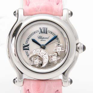 ショパールChopardコピー ハッピースポーツ ムーン&スターダイヤ ブルーサファイア クロコレザー ピンク/ホワイトシェル レディース 27/824523