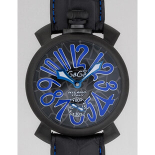 ガガミラノGAGAMILANOコピー マニュアル 48mm 手巻き ブラック皮(ブルーステッチ) ブラックモザイク/ブルーアラビア